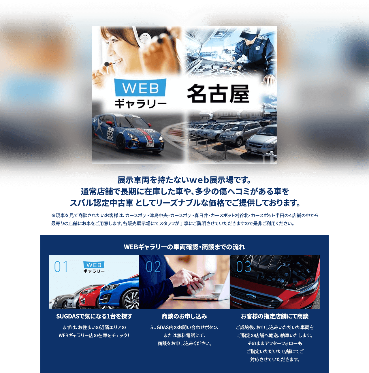 WEBギャラリー名古屋展示車両を持たないWEB展示場です。通常店舗で長期に在庫した車や、多少の傷ヘコミがある車をスバル認定中古車 としてリーズナブルな価格でご提供しております。WEBギャラリーの車両確認・商談までの流れ