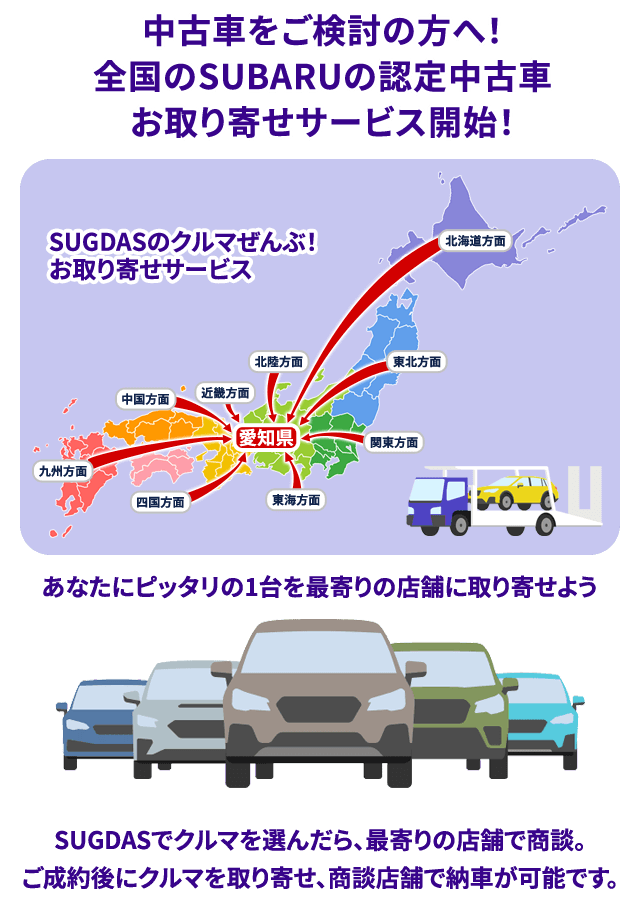 SUBARUの中古車をお探しの方に！全国の
              スバル認定中古車3000台の中からお取り寄せ！