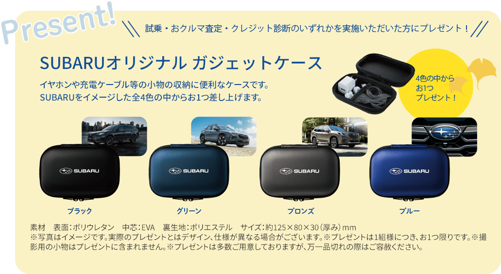 SUBARUオリジナル ガジェットケース イヤホンや充電ケーブル等の小物の収納に便利なケースです。SUBARUをイメージした全4色の中からお1つ差し上げます。