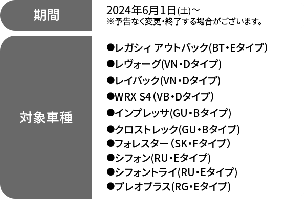 期間 2024年6月1日(土)～※予告なく変更・終了する場合がございます。対象車種●レガシィ アウトバック（BT・Dタイプ）●レヴォーグ(VN・Dタイプ)●レイバック(VN・Dタイプ)●WRX S4（VB・Dタイプ）●インプレッサ(GU・Aタイプ)●クロストレック(GU・Aタイプ)●フォレスター（SK・Fタイプ）●ソルテラ(EW・Bタイプ)●レックス(DU・Aタイプ)●ジャスティ(DR・Dタイプ)●サンバートラック（TR・Gタイプ）●サンバーバン(TK・Aタイプ)