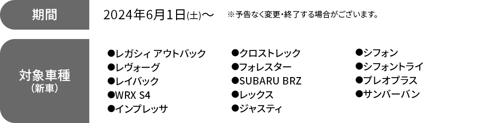 期間 2024年6月1日(土)～※予告なく変更・終了する場合がございます。対象車種●レガシィ アウトバック(BT・Eタイプ）●レヴォーグ（VN・Eタイプ）●レイバック（VN・Eタイプ）●WRX S4（VB・Eタイプ）●インプレッサ(GU・Bタイプ)●クロストレック(GU・Bタイプ) ●フォレスター（SK・Fタイプ）●SUBARU BRZ（ZD・Dタイプ）●レックス（DU・Ｂタイプ）●ジャスティ（DR・Eタイプ）●シフォン(RU・Eタイプ) ●シフォントライ(RU・Eタイプ) ●プレオプラス(RG・Eタイプ)●サンバーバン（TK・Cタイプ）