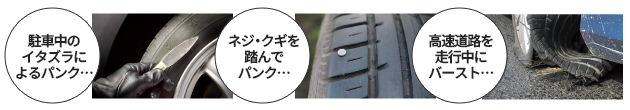 駐車中のイタズラによるパンク…/ネジ・クギを踏んでパンク…/高速道路を走行中にバースト…